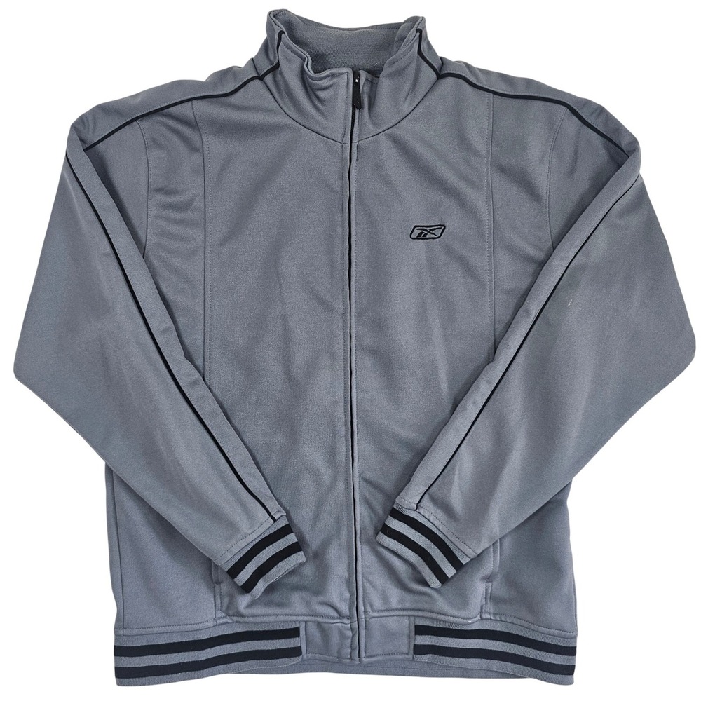 Reebok Mens Grey Full Zip Track Jacket RBKJ11170P Medium Mock Neck Striped Trim